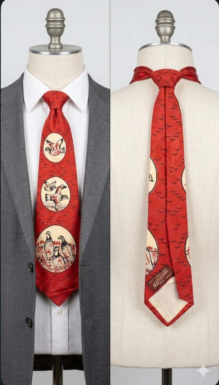 Vintage National Shirt Shops Red Bird Print Necktie